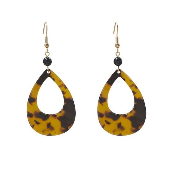 Faux Tortoise Shell Leopard Print Boho Teardrop Dangle Earrings Brown and Black - Picture 3 of 8